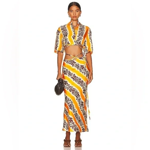 Christopher Esber Revolve Midi Silk Satin Orange Hibiscus Tie Waist Womens 8 New - Picture 8 of 8